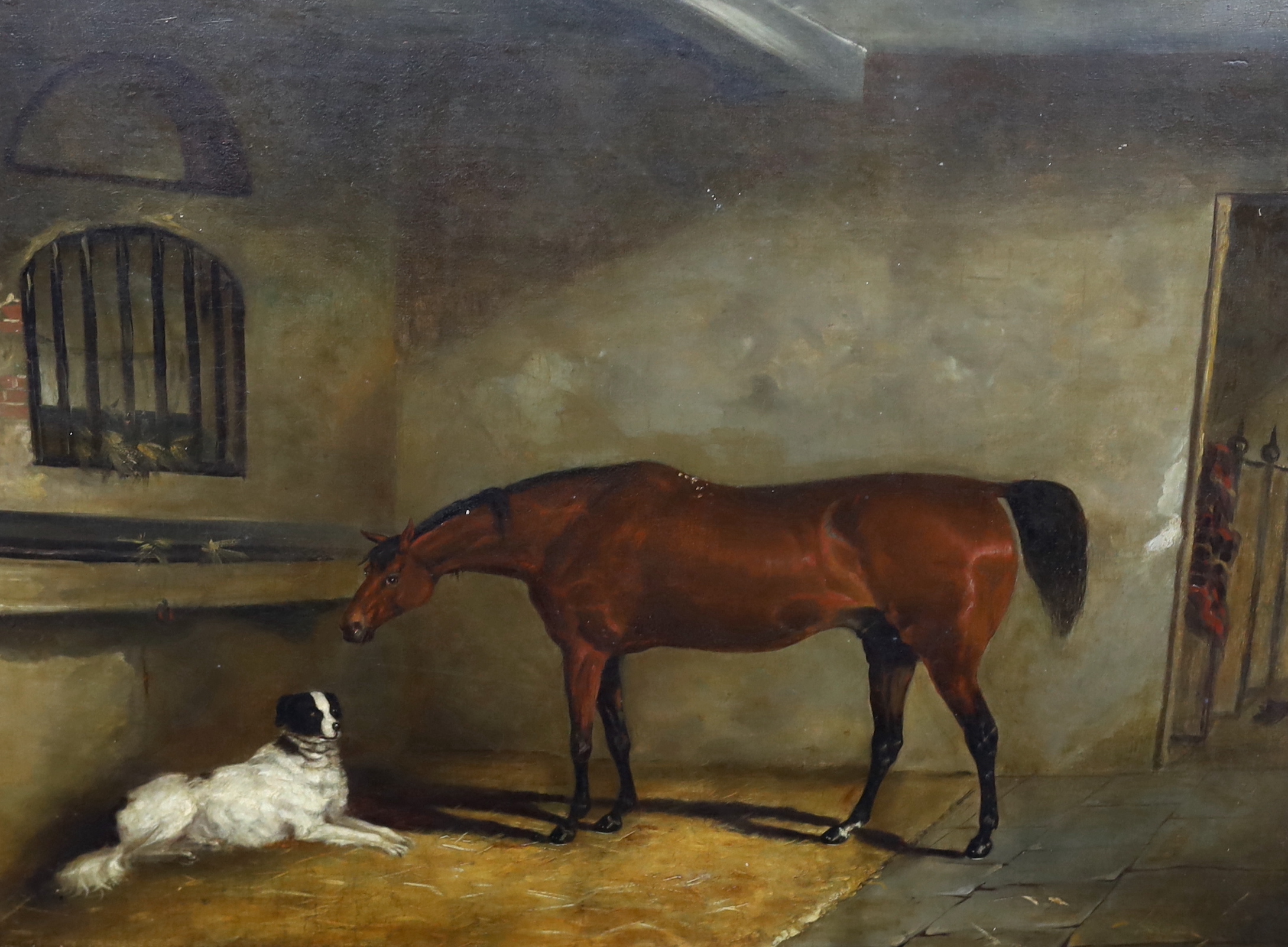 Circle of John Ferneley Snr (1762–1860), A bay horse and a dog in a stable, oil on board, 70 x 90cm